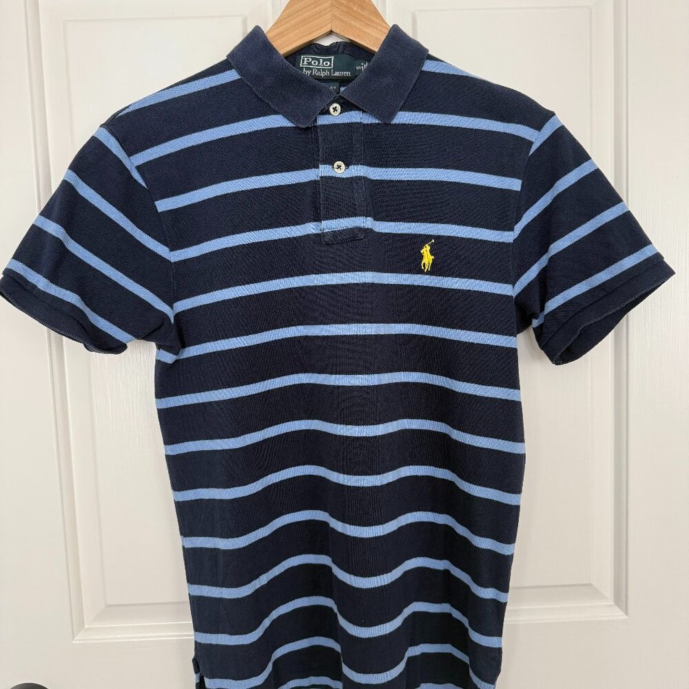 Polo by Ralph Lauren Navy Blue Polo w/ Baby Blue Stripes – Custom Fit – Size Sma